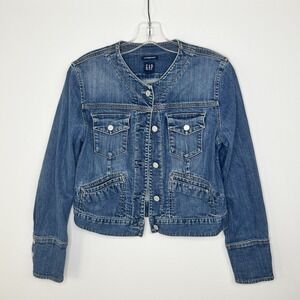 Vtg Retro GAP Y2K Cropped Denim Jacket Collarless French Cuff SMALL Boho Cowgirl